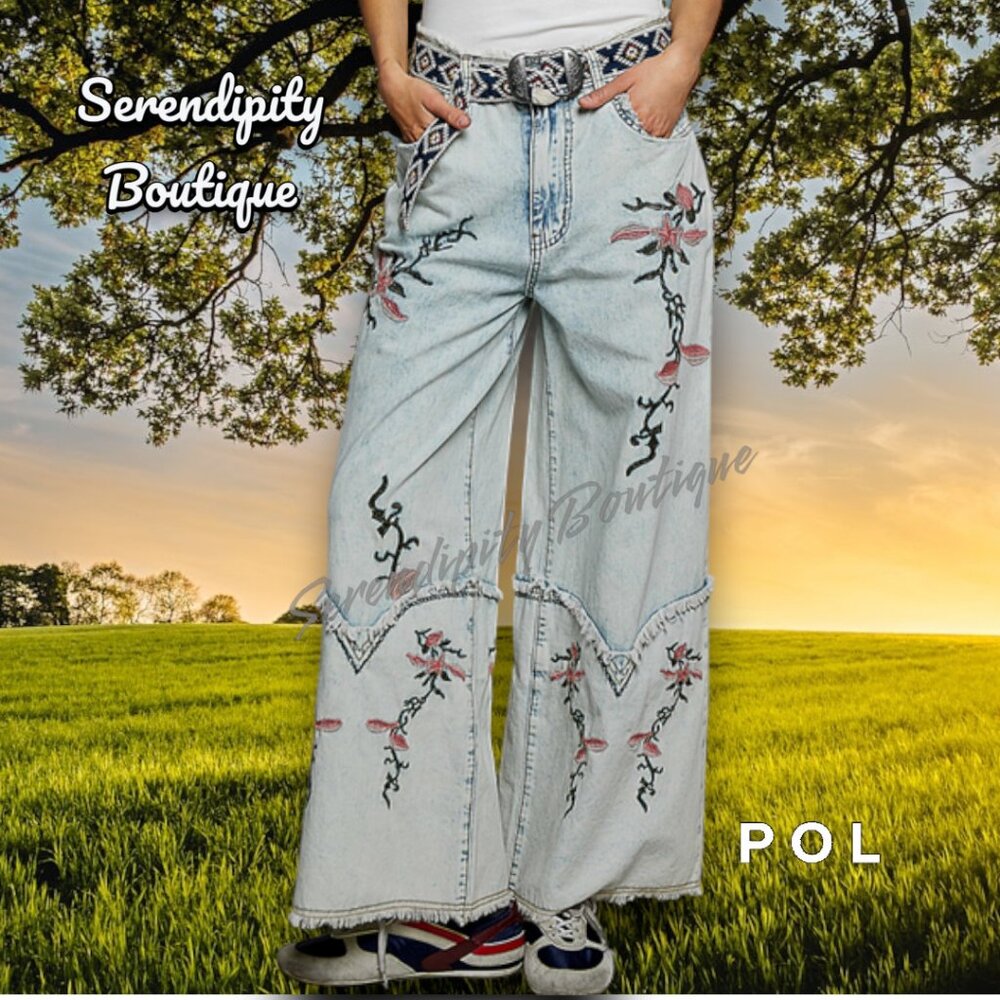 POL Acid Faded Denim Super Baggy Wide Flare Leg Floral Embroider Wide Flare Jean